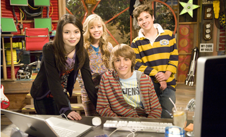 The iCarly gang with Fred from the episode, iMeet Fred.